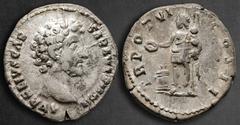 Roman Imperial Marcus Aurelius, as Caesar AD 139-161. Rome Denarius AR 18 mm, 3,14 g AVRELIVS CAESAR AVG PII FIL, bare head right / TR POT VI COS II, Genius Exercitus sacrificing from patera over alta
