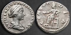 Roman Imperial Lucilla AD 164-169. Rome Denarius AR 18 mm, 3,44 g LVCILLAE AVG ANTONINI AVG F, draped bust right / CONCORDIA, Concordia seated left, holding patera and resting her elbow on a statue of