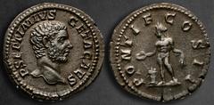 Roman Imperial Geta, as Caesar AD 198-209. Rome Denarius AR 19 mm, 3,14 g P SEPTIMIVS GETA CAES, bare head right / PONTIF COS II, Genius standing left, sacrificing from patera over lighted altar and h