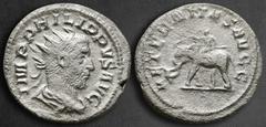 Roman Imperial Philip I Arab AD 244-249. Rome Antoninianus AR 22 mm, 3,04 g IMP PHILIPPVS AVG, radiate, draped and cuirassed bust right / AETERNITAS AVGG, Elephant walking left, guided by mahout holdi