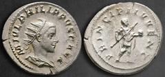 Roman Imperial Philip II, as Caesar AD 244-246. Rome Antoninianus AR 25 mm, 3,91 g M IVL PHILIPPVS CAES, radiate, draped and cuirassed bust right / PRINCIPI IVVENT, prince standing to left, holding gl