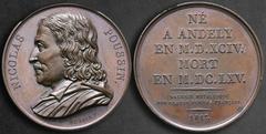 World Coins France. AD 1817. Medal 41 mm, 35,08 g NICOLAUS / POUSSIN. Bust to left, below signature DUBOIS F / NE A ANDELY EN M. D. XCIV. MORT EN M. DC. LXV. Extremely Fine Nicolas Poussin (1594-1665)