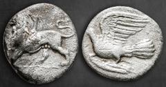 Greek Sikyonia. Sikyon circa 330-280 BC. Triobol – Hemidrachm AR 15 mm, 2,41 g Chimaera standing left, raising right forepaw; below, ΣΙ / Dove flying left. Very Fine HGC 5, 213.