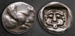 Greek Dynasts of Lycia. Uncertain mint. Uvug 470-440 BC. Diobol AR 10 mm, 1,46 g Forepart of winged bull right / Facing gorgoneion within incuse square. Very Fine Müseler IV.A.13-4; SNG von Aulock 410