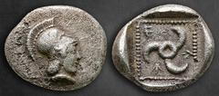 Greek Dynasts of Lycia. Uncertain mint. Vekhssere I 450-430 BC. Diobol AR 12 mm, 1,26 g Helmeted head of Athena right / Triskeles in dotted border within incuse square. Very Fine Falghera 157; SNG Cop
