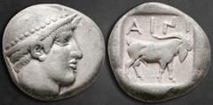 Greek Thrace. Ainos circa 472-471 BC. Tetradrachm AR 24 mm, 15,81 g Head of Hermes to right, wearing petasos with a beaded border and a button top, his hair falling in curls from under his petasos / A