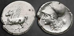 Greek Akarnania. Argos Amphilochicon circa 350-250 BC. Stater AR 24 mm, 8,06 g Pegasos flying left with straight wings, A below / Head of Athena to left, wearing pearl necklace and Corinthian helmet, 