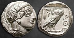 Greek Attica. Athens circa 454-404 BC. Tetradrachm AR 23 mm, 17,24 g Head of Athena to right, wearing crested Attic helmet ornamented with three olive leaves above visor and spiral palmette on bowl, r