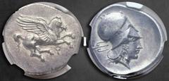 Greek Corinthia. Corinth circa 405-345 BC. Stater AR 22 mm, 8,55 g Pegasos flying right; Ϙ below / Head of Athena to right, wearing Corinthian helmet; behind neck guard, trident. NGC graded AU Strike 