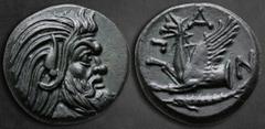 Greek Cimmerian Bosporos. Pantikapaion circa 310-303 BC. Bronze Æ 21 mm, 6,05 g Bearded head of satyr with animal ear to right / Π-Α-Ν, forepart of griffin left; below, sturgeon swimming to left. Near