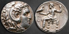 Greek Seleukid Kingdom. Babylon I mint. Seleukos I Nikator 312-281 BC. In the name and types of Alexander III of Macedon Tetradrachm AR 26 mm, 17,13 g Head of Herakles right, wearing lion skin / [ΒΑΣΙ