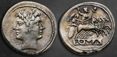Roman Republican Anonymous 225-214 BC. Rome Didrachm AR 23 mm, 6,53 g Laureate head of Janus / Jupiter standing in galloping quadriga driven by Victory to right, holding sceptre and reins, brandishing