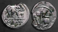 Roman Republican Julius Caesar 49-48 BC. Military mint travelling with Caesar in North Africa. Fourreè Denarius 18 mm, 1,63 g Elephant advancing right, trampling on serpent; CAESAR in exergue / Emblem