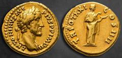Roman Imperial Antoninus Pius AD 138-161. Rome Aureus AV 18 mm, 7,14 g ANTONINVS AVG PIVS P P IMP II, laureate, draped bust right / TR POT XXI COS IIII, Salus standing right, feeding from patera snake