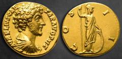 Roman Imperial Marcus Aurelius, as Caesar AD 139-161. Rome Aureus AV 17 mm, 5,96 g AVRELIVS CAESAR AVG PII F, bare-headed, draped and cuirassed bust to right / COS II, Minerva standing to right, holdi