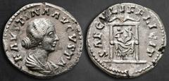Roman Imperial Faustina II AD 147-175. Rome Denarius AR 18 mm, 2,98 g FAVSTINA AVGVSTA, diademed and draped bust right / SAECVLI FELICIT, pulvinar, upon which are Commodus and Antoninus. Good Very Fin