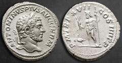 Roman Imperial Caracalla AD 198-217. Rome Denarius AR 19 mm, 3,23 g ANTONINVS PIVS AVG GERM, laureate head right / P M TR P XVII COS IIII P P, Jupiter standing left, holding thunderbolt and sceptre; t