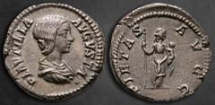 Roman Imperial Plautilla. Augusta AD 202-205. Rome Denarius AR 18 mm, 3,70 g PLAVTILLA AVGVSTA, draped bust right / PIETAS AVGG, Pietas standing right, holding sceptre and child. Good Very Fine RIC 36