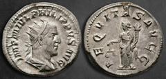 Roman Imperial Philip I Arab AD 244-249. Rome Antoninianus AR 23 mm, 4,65 g IMP M IVL PHILIPPVS AVG, radiate, draped and cuirassed bust right / AEQVITAS AVGG, Aequitas standing left holding scales and