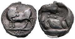 Greek Lucania. Sybaris circa 530-510 BC. Stater AR 30 mm, 8,25 g Bull standing to left, head to right; VM in exergue / Incuse bull standing to right, head to left. Attractive light tone with hints of 