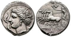 Greek Sicily. Syracuse circa 317-310 BC. Tetradrachm AR 26 mm, 17,16 g Head of Arethusa left, wearing triple pendant earring and pearl necklace, hair wreathed with grain leaves; [...] below, three dol