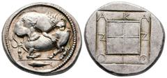 Greek Macedon. Akanthos circa 470-430 BC. Tetradrachm AR 30 mm, 17,66 g Bull collapsing to left, head raised, attacked and mauled by lion upon his back to right; tunny fish to left in exergue / AKANΘI