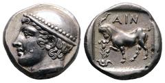Greek Thrace. Ainos circa 425-422 BC. Tetradrachm AR 24 mm, 16,27 g Head of Hermes left, wearing petasos with pelleted rim / Goat standing left, lowering its head to smell a lily plant to left; AIN ab
