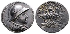Greek Bactria. Greco-Baktrian Kingdom. Baktra mint. Eukratides I Megas 170-145 BC. Tetradrachm AR 32 mm, 16,83 g Diademed and draped bust of Eukratides I to right, wearing crested helmet adorned with 