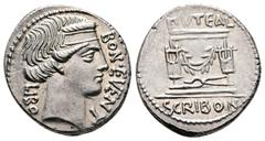 Roman Republican L. Scribonius Libo 62 BC. Rome Denarius AR 20 mm, 3,88 g BON•EVENT LIBO, diademed head of Bonus Eventus to right / PVTEAL SCRIBON, Puteal Scribonianum (Scribonian wellhead), decorated