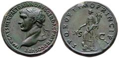 Roman Imperial Trajan AD 98-117. Rome Sestertius Æ 34 mm, 28,66 g IMP CAES NERVAE TRAIANO AVG GER DAC P M TR P COS V P P, laureate head of Trajan to left / S P Q R OPTIMO PRINCIPI, Pax, draped, standi