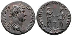 Roman Imperial Hadrian AD 117-138. Rome Sestertius Æ 32 mm, 23,62 g HADRIANVS AVG COS III P P, laureate, cuirassed and draped bust of Hadrian to right / ADVENTVI AVG BITHYNIAE, Hadrian on left standin