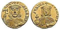 Byzantine Nicephorus I, with Stauracius AD 802-811. Constantinople Solidus AV 18 mm, 4,38 g ҺICIFOROS ЬASILЄ', crowned facing bust of Nicephorus, wearing chlamys, holding cross potent and akakia / SƮA