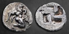 Greek Islands off Thrace. Thasos circa 510-480 BC. Diobol AR 12 mm, 0,89 g Satyr running right / Quadripartite incuse square. Very Fine Le Rider, Thasiennes 4; HGC 6, 333; Rosen 144. Thasos, an island