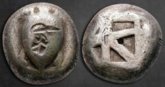 Greek Islands off Attica. Aegina circa 525-480 BC. Stater AR 19 mm, 12,14 g Sea turtle, head in profile; c/m. Incuse square with skew pattern / Incuse square with skew pattern. Very Fine Meadows, Aegi