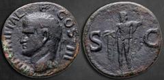 Roman Imperial Agrippa 12 BC. Struck under Caligula. Rome As Æ 28 mm, 9,58 g M AGRIPPA L F COS III, head left, wearing rostral crown / Neptune standing left, holding small dolphin and trident; S - C a