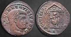 Roman Imperial Maxentius AD 306-312. Rome Follis Æ 25 mm, 6,53 g IMP C MAXENTIVS P F AVG, laureate head right / CONSERV VRB SVAE, Roma seated to left, shield at side, holding globe and sceptre, in hex