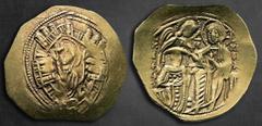Byzantine Michael VIII Palaeologus AD 1261-1282. Constantinople Hyperpyron AV 24 mm, 4,14 g Half-length figure of the Theotokos, orans, within city walls with six towers; trefoils of pellets flanking 