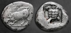 Greek Dynasts of Lycia. Uncertain mint. Uncertain Dynast 500-480 BC. Stater AR 20 mm, 9,15 g Snuffling boar left / Tortoise in dotted square. Good Very Fine SNG von Aulock 4071.