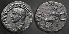 Roman Imperial Caligula AD 37-41. Struck AD 37-38. Rome As Æ 28 mm, 9,99 g C CAESAR AVG GERMANICVS PON [M TR POT], bare head left / VESTA, Vesta seated left on throne, holding patera and sceptre; S - 