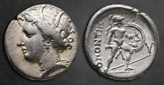 Greek Lokris. Locri Opuntii (Epicnemidii) circa 356-338 BC. Triobol AR 15 mm, 2,66 g Head of Persephone to left, wearing wreath of grain leaves and triple-pendant earring / ΟΠΟΝΤΙΩΝ, Ajax, nude but fo