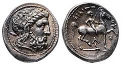 Greek Kings of Macedon. Amphipolis. Philip II of Macedon 359-336 BC. Struck under Kassander, circa 307-297 BC Tetradrachm AR 27 mm, 14,38 g Laureate head of Zeus to right / ΦΙΛΙΠΠΟΥ, young jockey, hol