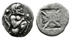 Greek Thraco-Macedonian Region. Berge (previously Lete or Siris) circa 525-480 BC. 1/12 Stater AR 11 mm, 1,01 g Satyr crouching to right; to right and left, pellets / Quadripartite incuse square with 