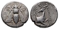 Greek Ionia. Ephesos . ΔHMAΓOPHΣ (Demagores), magistrate circa 360-350 BC. Tetradrachm AR 24 mm, 15,25 g Bee with straight wings; Ε-Φ flanking / ΔHMAΓOPHΣ, forepart of stag right, head left; palm tree
