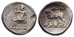 Greek Seleukid Kingdom. Babylon. Seleukos I Nikator 312-281 BC. Tetradrachm AR 23 mm, 16,50 g Baal seated left, holding sceptre in right hand / Lion walking left; anchor above. Small edge fault. Extre