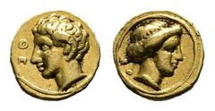 Greek Cyrenaica. Cyrene. Theupheides, magistrate circa 331-322 BC. 1/10 Stater AV 7 mm, 0,86 g ΘΕ, head of Karneios to left, with ram's horn over his ear / ΘΕ, head of Kyrene to right. Very Fine BMC -
