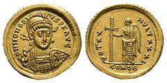 Roman Imperial Honorius AD 393-423. Struck AD 420-422 . Constantinople Solidus AV 21 mm, 4,45 g D N HONORIVS P F AVG, helmeted, pearl-diademed and cuirassed bust three-quarters facing, holding spear a