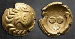 Celtic Central Europe. The Vindelici 75-50 BC. Stater AV 18 mm, 7,50 g Head of a bird to left within a wreath on the left and a torque on the right / Three pellets within torque with pellet at each en