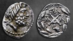 Greek Achaia. Patrae. Achaian League circa 88-30 BC. Triobol-Hemidrachm AR 16 mm, 2,36 g Laureate head of Zeus right / Monogram of the Achaian League; across field, ΓΑ-Α; above, ΠΑ; below, dolphin to 