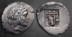 Greek Lycia. Lycian League, Masikytes circa 28-18 BC. Hemidrachm AR 19 mm, 1,55 g Laureate head of Apollo to right; ΛY across fields / Kithara; M-A across fields, tripod in lower right field; all with