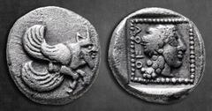 Greek Dynasts of Lycia. Uvug circa 470-440 BC. Tetrobol AR 1 mm, 2,90 g Forepart of winged, man-headed bull right / OF OV, head of female right in dotted square border within incuse square. Good Very 